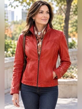 Vintage DANIER Women's Red Orange Italian Leather Zip-Front Moto Jacket -Size M